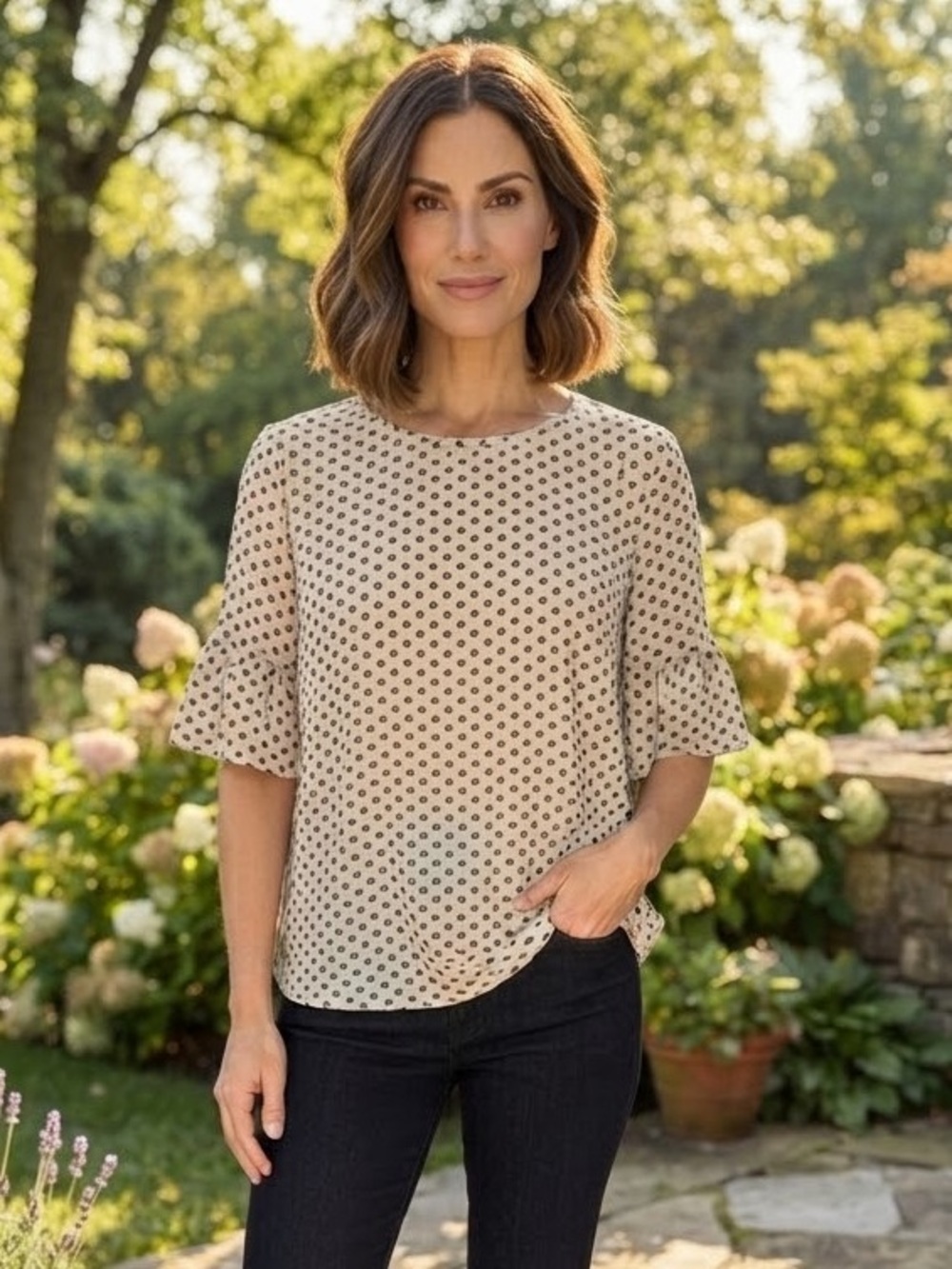 NWT J. Crew Cream Blouse with Black Polka Dots and Ruffle Sleeves